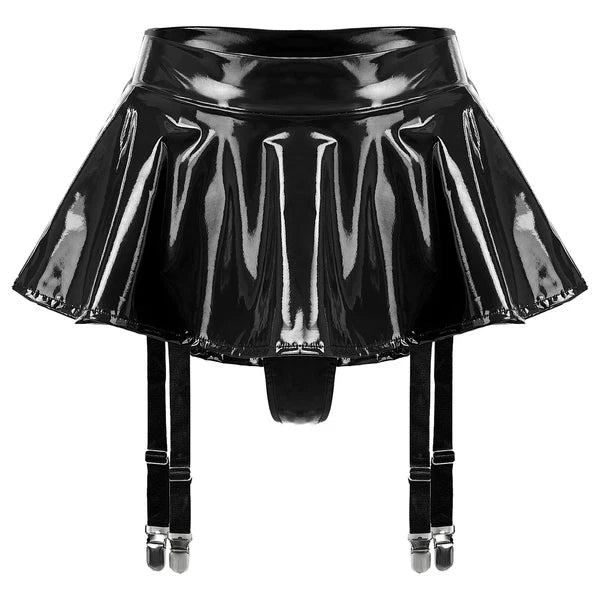 Womens Sexy PVC Leather Lingerie Set Shiny Backless Crop Tops Vest with Skirt