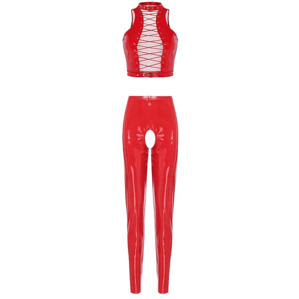 Womens Lingerie Set Crotchless Clubwear Patent Leather Catsuit Wirefree Costume