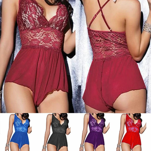 Women Lace Babydoll Cross Straps V Neck Crotchless Lingerie Bodysuit Sleepwear