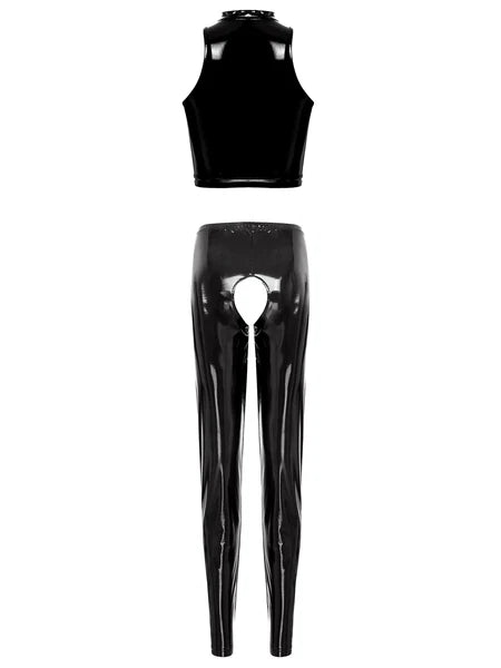 Womens Lingerie Set Crotchless Clubwear Patent Leather Catsuit Wirefree Costume