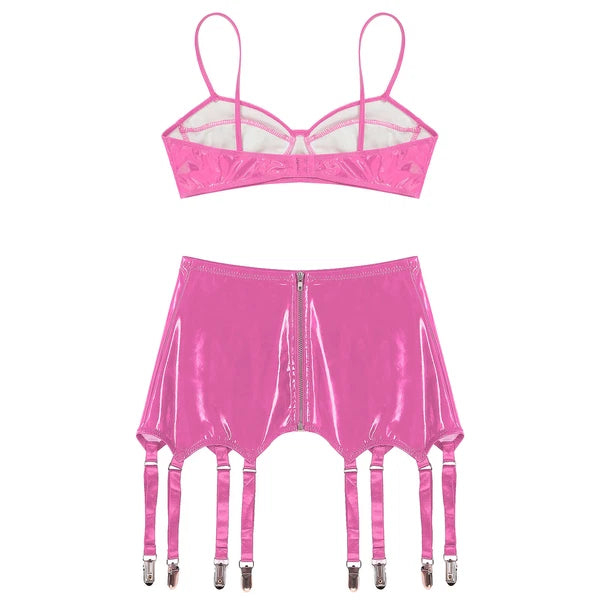 Womens Miniskirt Sexy Lingerie Set No Pad Crop Top Faux Leather Nightwear Vest