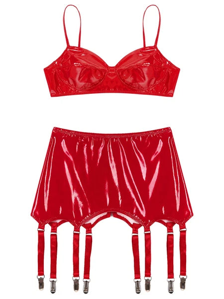 Womens Miniskirt Sexy Lingerie Set No Pad Crop Top Faux Leather Nightwear Vest