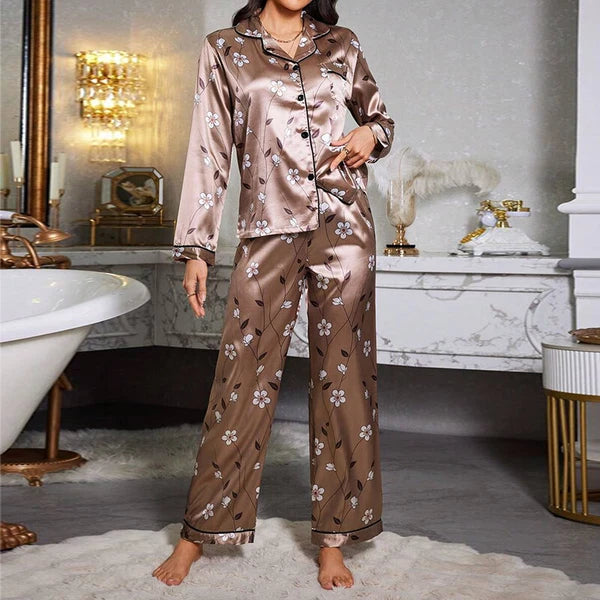 Womens Ladies Satin Nightwear Pyjamas 2Pcs Set Silk PJS Long Sleeve Sleepwear