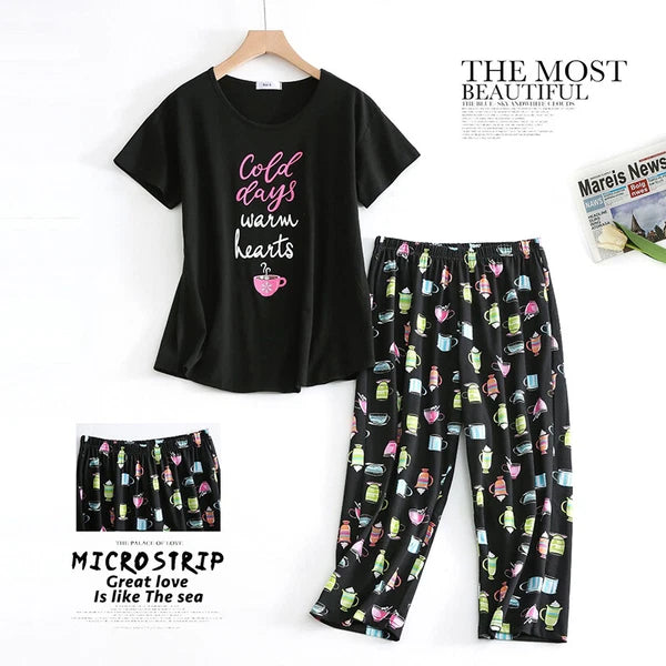Womens Capri Set Sleepwear Soft Pajamas Sleep Nightshirts Print Comfy Pyjama Set