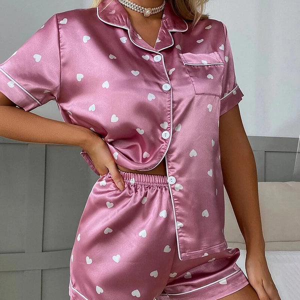 Womens Printed SATIN Short Sleeve Top Pyjamas Set Button Up Ladies Shorts PJ Set