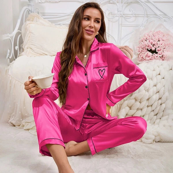 Womens Ladies Satin Nightwear Pyjamas 2Pcs Set Silk PJS Long Sleeve Sleepwear
