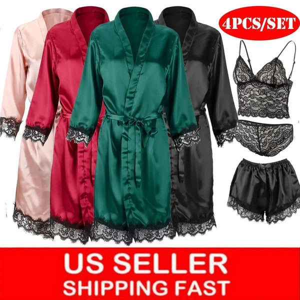 4pcs/set Sexy Women Lingerie Silk Lace Underwear Sleepwear Night Topcoat Pajamas
