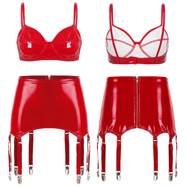 Womens Lingerie Set Metallic Crop Top Wirefree Miniskirt Unlined Nightwear Sexy