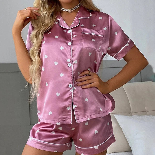Womens Printed SATIN Short Sleeve Top Pyjamas Set Button Up Ladies Shorts PJ Set