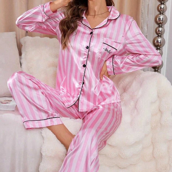 Womens Ladies Satin Nightwear Pyjamas 2Pcs Set Silk PJS Long Sleeve Sleepwear