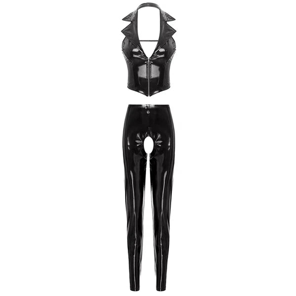 Womens Lingerie Set Crotchless Clubwear Patent Leather Catsuit Wirefree Costume