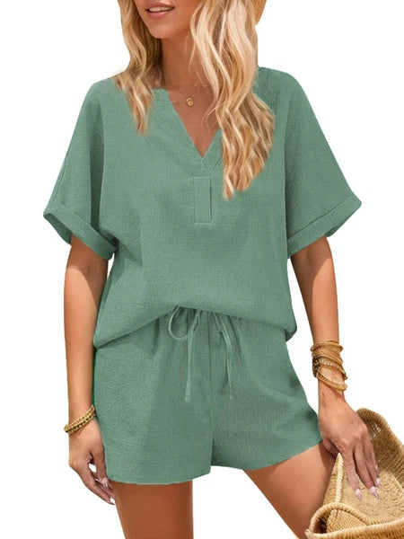 Women's V-Neck Short Sleeve Top and Drawstring Shorts Set NEW