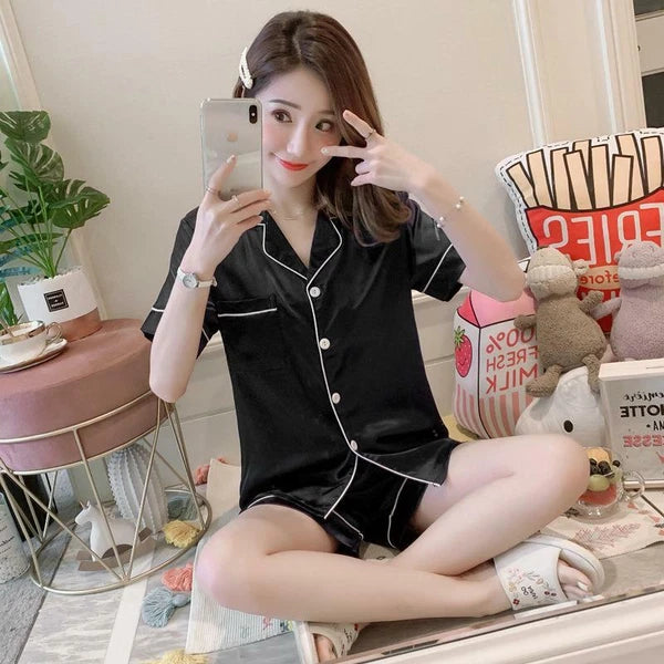 Womens Printed SATIN Short Sleeve Top Pyjamas Set Button Up Ladies Shorts PJ Set