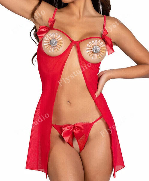 Women Sexy Lingerie See Through Babydoll Nightwear Open Cup Sleepwear G-string