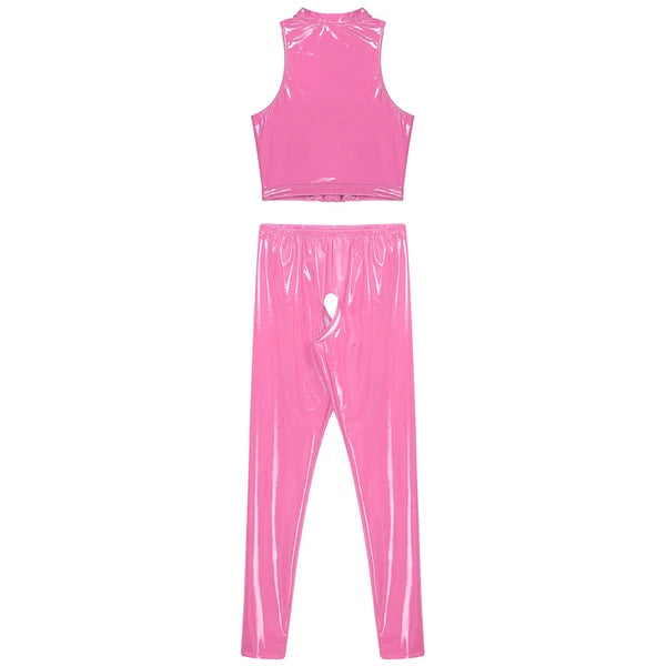 Womens Lingerie Set Crotchless Clubwear Patent Leather Catsuit Wirefree Costume