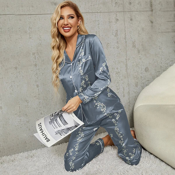 Womens Ladies Satin Nightwear Pyjamas 2Pcs Set Silk PJS Long Sleeve Sleepwear