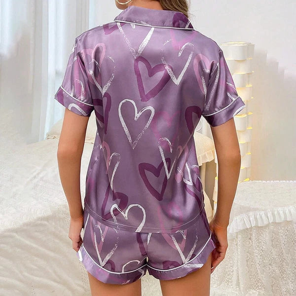 Womens Printed SATIN Short Sleeve Top Pyjamas Set Button Up Ladies Shorts PJ Set
