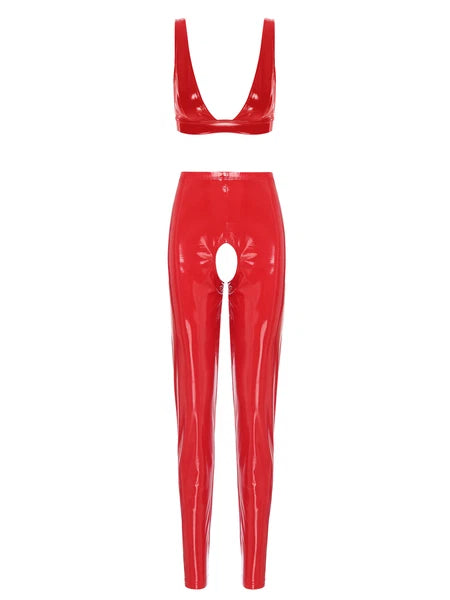 Womens Lingerie Set Crotchless Clubwear Patent Leather Catsuit Wirefree Costume