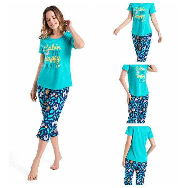 Womens Capri Set Sleepwear Soft Pajamas Sleep Nightshirts Print Comfy Pyjama Set