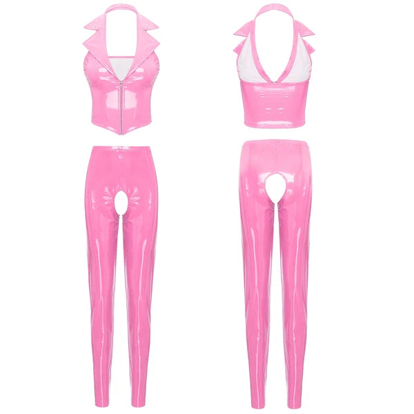 Womens Lingerie Set Crotchless Clubwear Patent Leather Catsuit Wirefree Costume