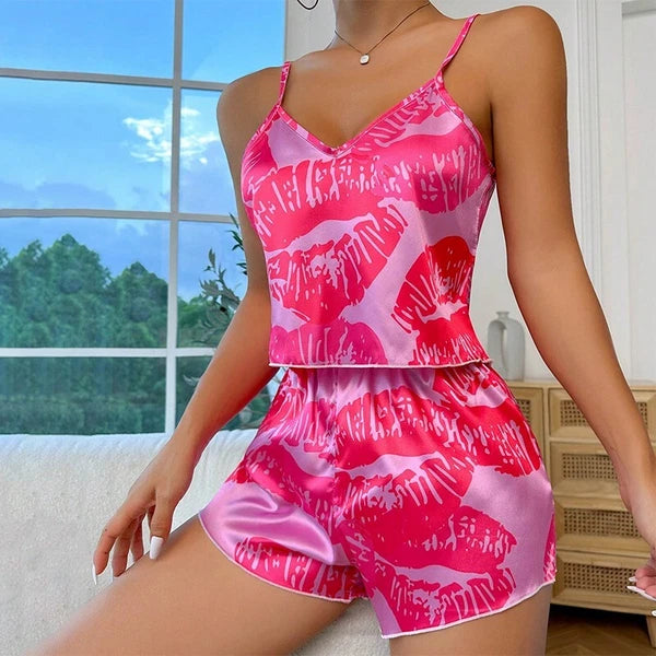 Ladies Women Satin Silk Pyjamas Set Lace Cami Vest Shorts Lingerie Sleepwear Pjs