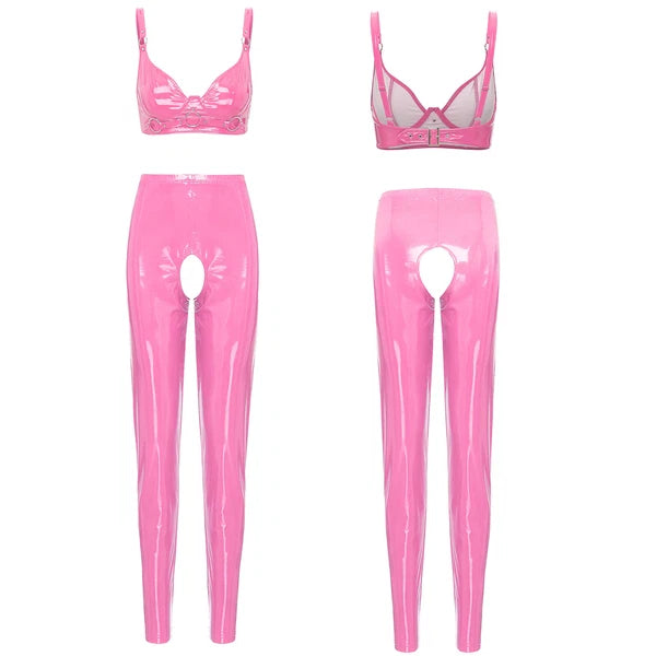 Womens Lingerie Set Crotchless Clubwear Patent Leather Catsuit Wirefree Costume