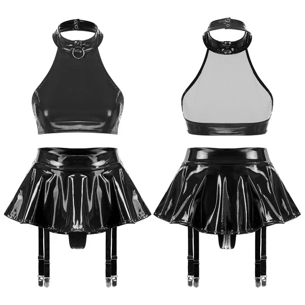 Womens Sexy PVC Leather Lingerie Set Shiny Backless Crop Tops Vest with Skirt