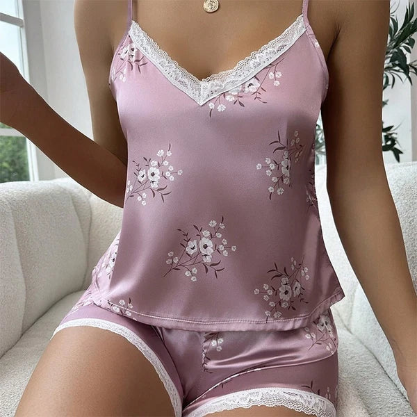 Ladies Women Satin Silk Pyjamas Set Lace Cami Vest Shorts Lingerie Sleepwear Pjs