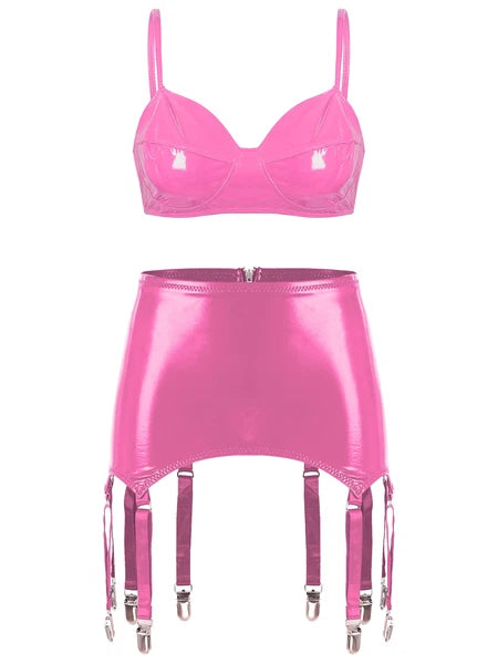 Womens Lingerie Set Metallic Crop Top Wirefree Miniskirt Unlined Nightwear Sexy