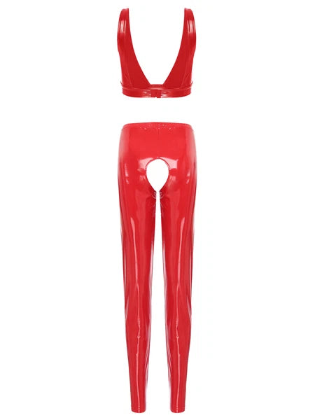 Womens Lingerie Set Crotchless Clubwear Patent Leather Catsuit Wirefree Costume