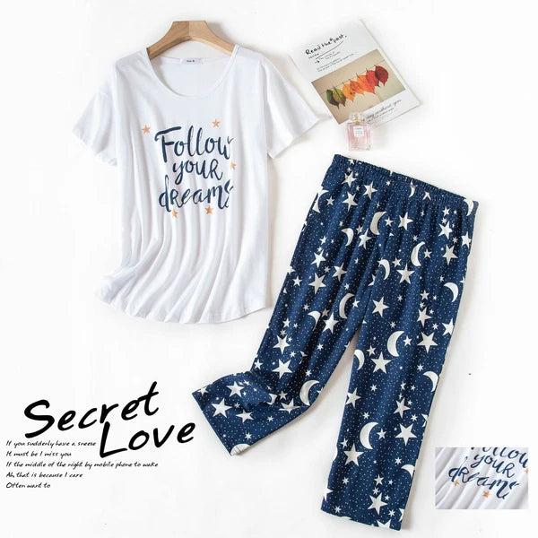 Womens Capri Set Sleepwear Soft Pajamas Sleep Nightshirts Print Comfy Pyjama Set