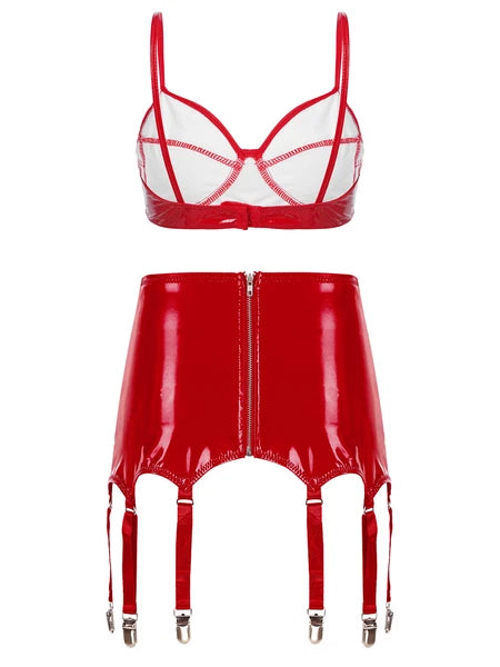 Womens Miniskirt Sexy Lingerie Set No Pad Crop Top Faux Leather Nightwear Vest
