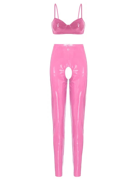 Womens Lingerie Set Crotchless Clubwear Patent Leather Catsuit Wirefree Costume