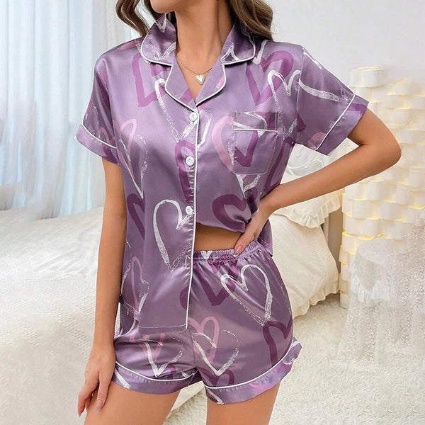 Womens Printed SATIN Short Sleeve Top Pyjamas Set Button Up Ladies Shorts PJ Set