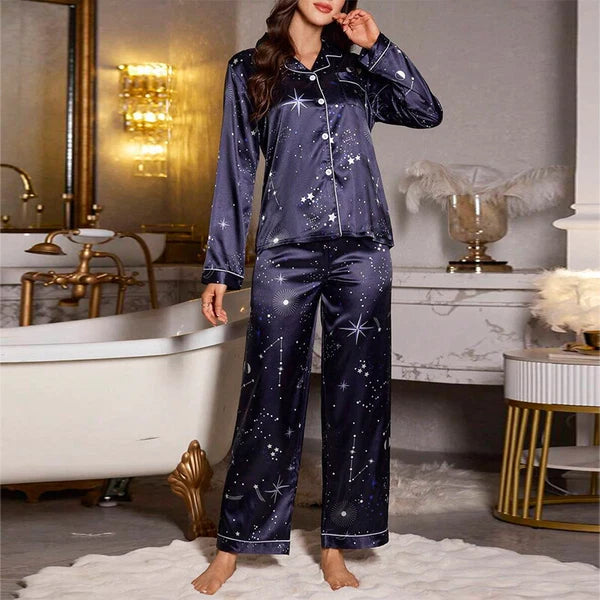 Womens Ladies Satin Nightwear Pyjamas 2Pcs Set Silk PJS Long Sleeve Sleepwear