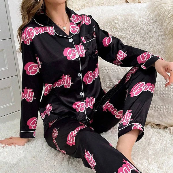 Womens Ladies Satin Nightwear Pyjamas 2Pcs Set Silk PJS Long Sleeve Sleepwear