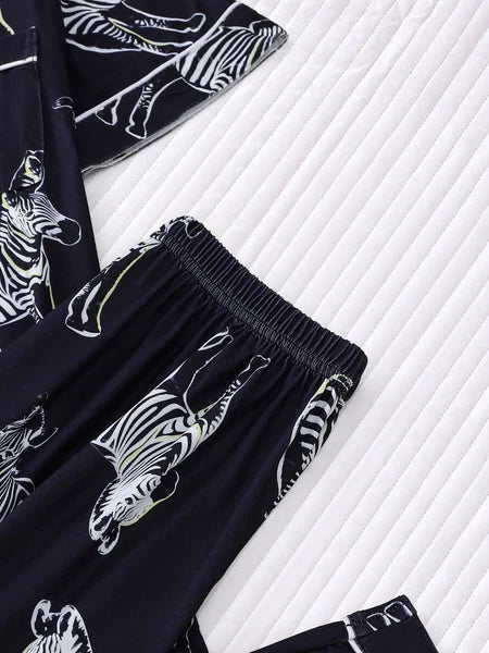 Stylish Zebra Print Womens Pajama Set - Short Sleeve Button Up Top with Lapel