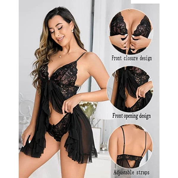 Women Lace Babydoll Lingerie Sexy Chemise G-string Set Nightie Bridal Nightdress