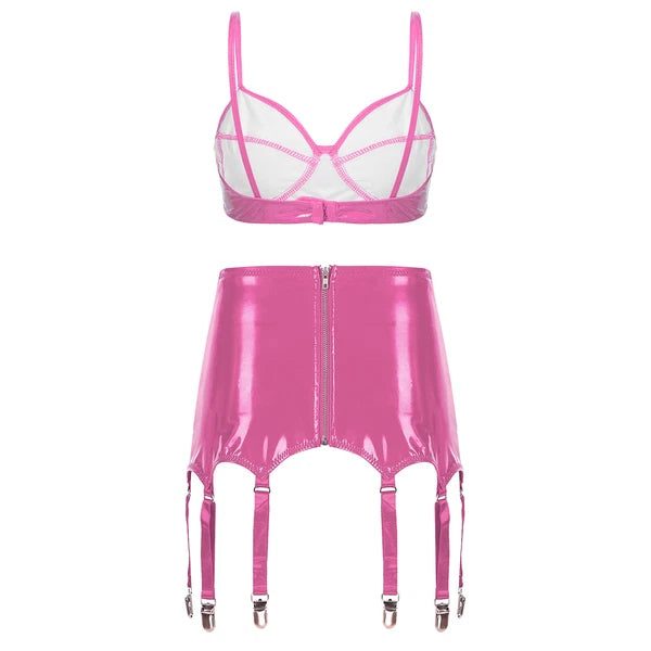 Womens Miniskirt Sexy Lingerie Set No Pad Crop Top Faux Leather Nightwear Vest