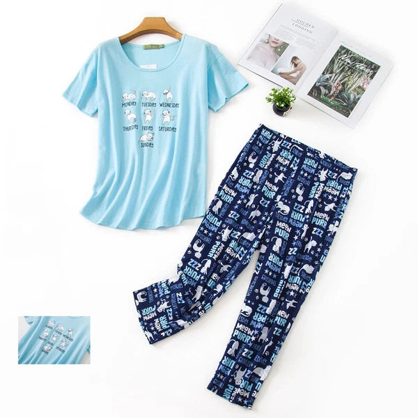 Womens Capri Set Sleepwear Soft Pajamas Sleep Nightshirts Print Comfy Pyjama Set