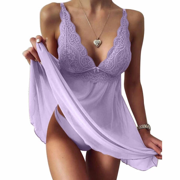 Women Lace Sleepwear Strap Floral Panties Lingerie Pajamas V Neck Babydoll Dress