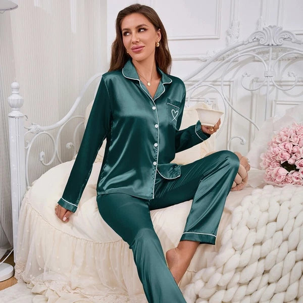 Womens Ladies Satin Nightwear Pyjamas 2Pcs Set Silk PJS Long Sleeve Sleepwear