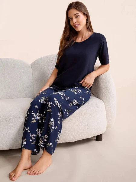 Plus Size S-6XL Viscose Women Pajamas Set Pants Floral Print Casual Sleepwear