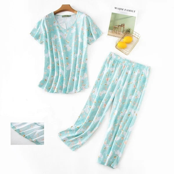 Womens Capri Set Sleepwear Soft Pajamas Sleep Nightshirts Print Comfy Pyjama Set