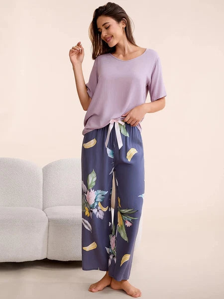 Plus Size S-6XL Viscose Women Pajamas Set Pants Floral Print Casual Sleepwear