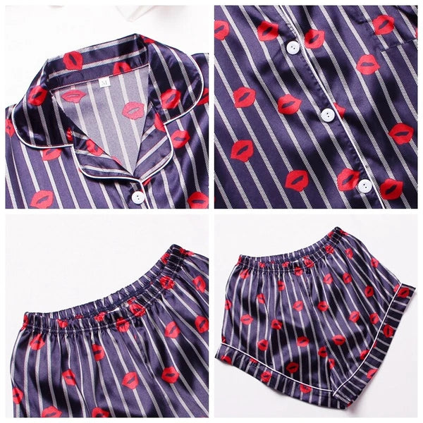 Womens Printed SATIN Short Sleeve Top Pyjamas Set Button Up Ladies Shorts PJ Set