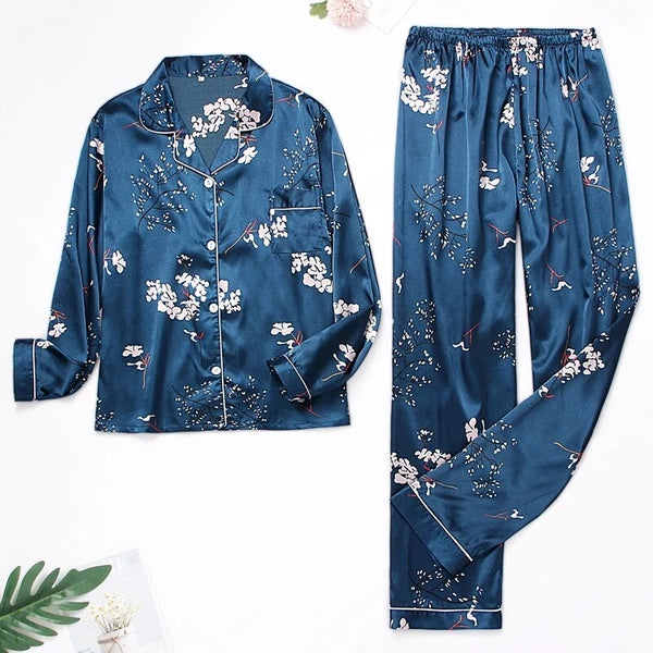 Womens Ladies Satin Nightwear Pyjamas 2Pcs Set Silk PJS Long Sleeve Sleepwear