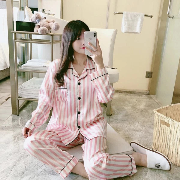 Womens Ladies Satin Nightwear Pyjamas 2Pcs Set Silk PJS Long Sleeve Sleepwear