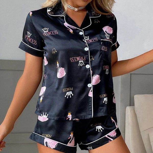 Womens Printed SATIN Short Sleeve Top Pyjamas Set Button Up Ladies Shorts PJ Set