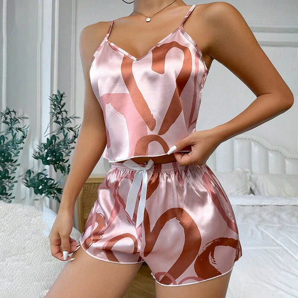 Ladies Women Satin Silk Pyjamas Set Lace Cami Vest Shorts Lingerie Sleepwear Pjs